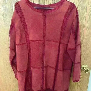Vintage 1990s Burgundy Suede Crochet Lace
Trim Patchwork Button Up long Jacket